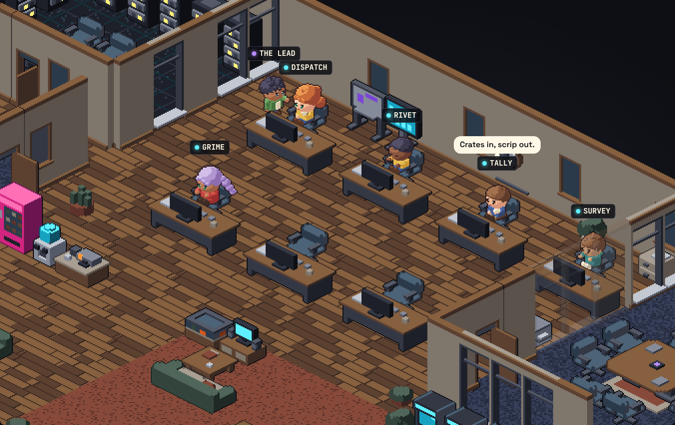 Close-up of the main office: THE LEAD standing at GRIME's desk while the crew types