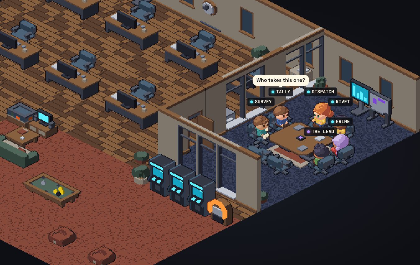 The crew seated around the conference table for a briefing, the glass walls faded so everyone is visible