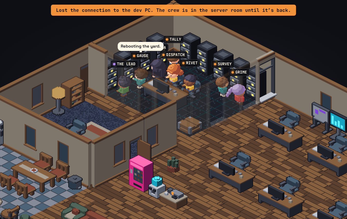 The crew gathered in the server room under a banner that reads: Lost the connection to the dev PC. The crew is in the server room until it's back.