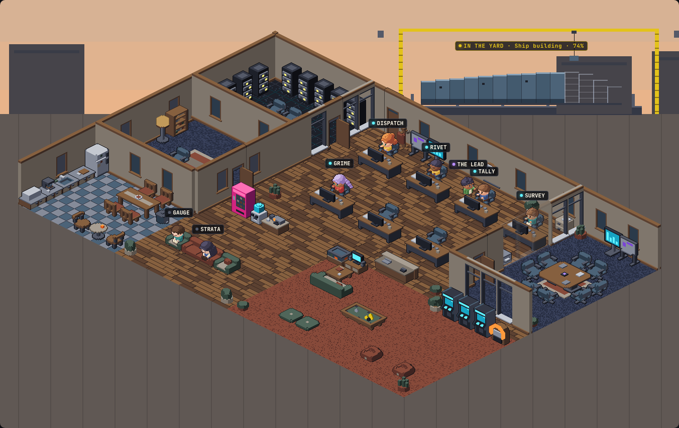 The OSTRAVA dev office in TinyHQ: seven agents at desks, a server room, kitchen, conference room and game corner, each agent tagged with a name