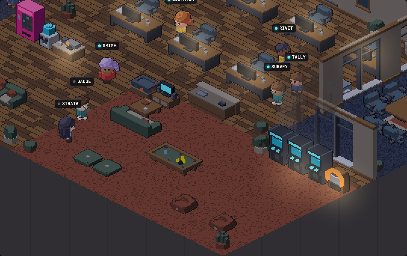 The crew and supporters dancing in the game corner during an overtime party, with the shipyard outside the windows